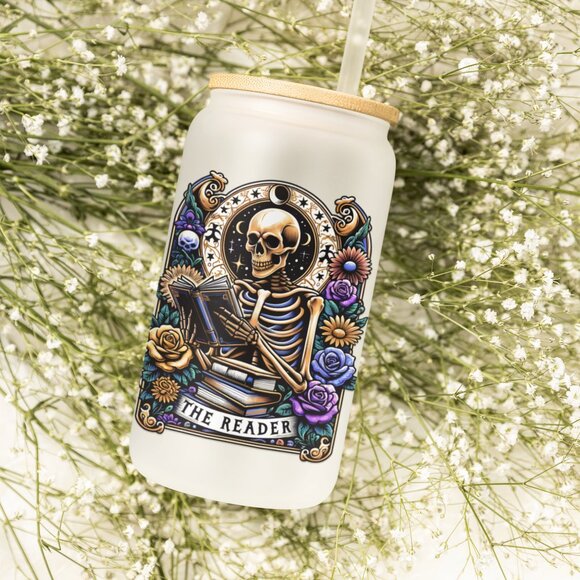 The Reader, Skeleton Tarot Card Mug, Gothic, Glass Tumbler, Booktok, Pagan - Picture 3 of 6